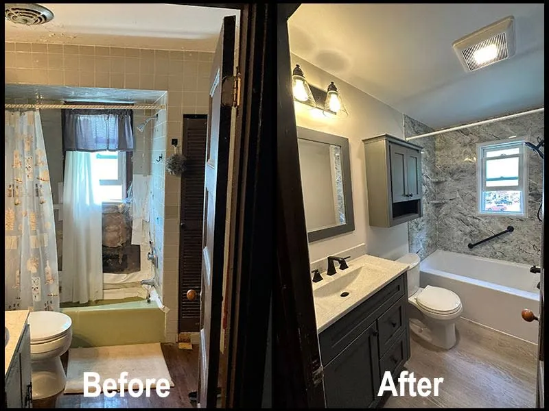 Before and after of an outdated bathroom remodeled to remove old tile, open up space, replace the bathtub, update lighting, and more.