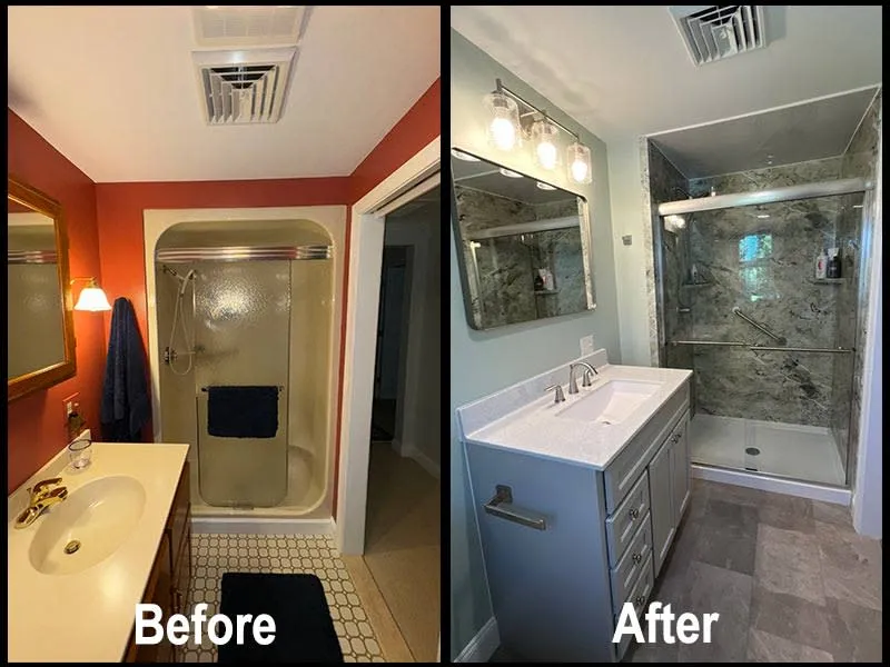 Before and after of a full bathroom remodel with new shower, vanity, and lighting.