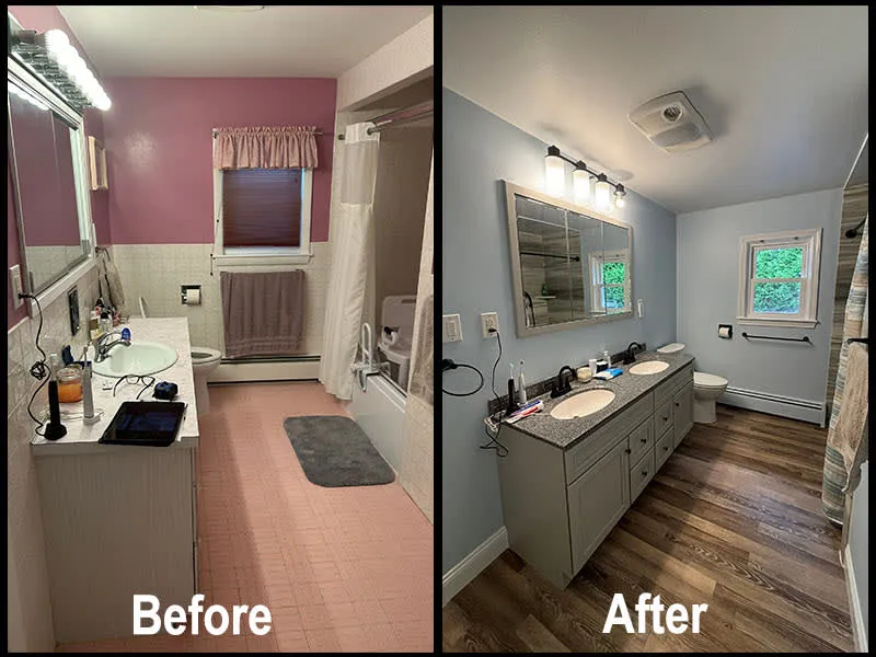 Before and after of a dated pink bathroom remodeled into a modern bathroom with new shower, lighting, paint, flooring, and double-sink vanity.