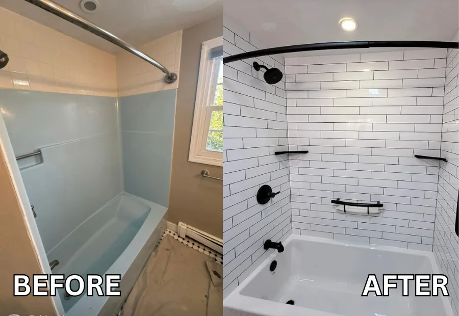 Before and after of an old bathtub converted into a white, faux-tile bathtub.