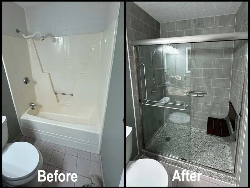 Before and after of a white bathtub renovated into a gray, faux-tile shower with shower seat.