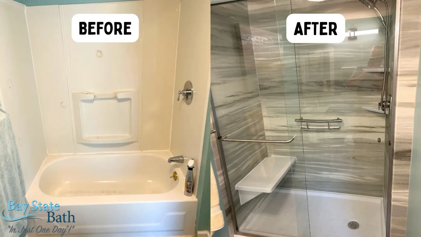 Before and after of a white bathtub converted into a gray walk-in shower