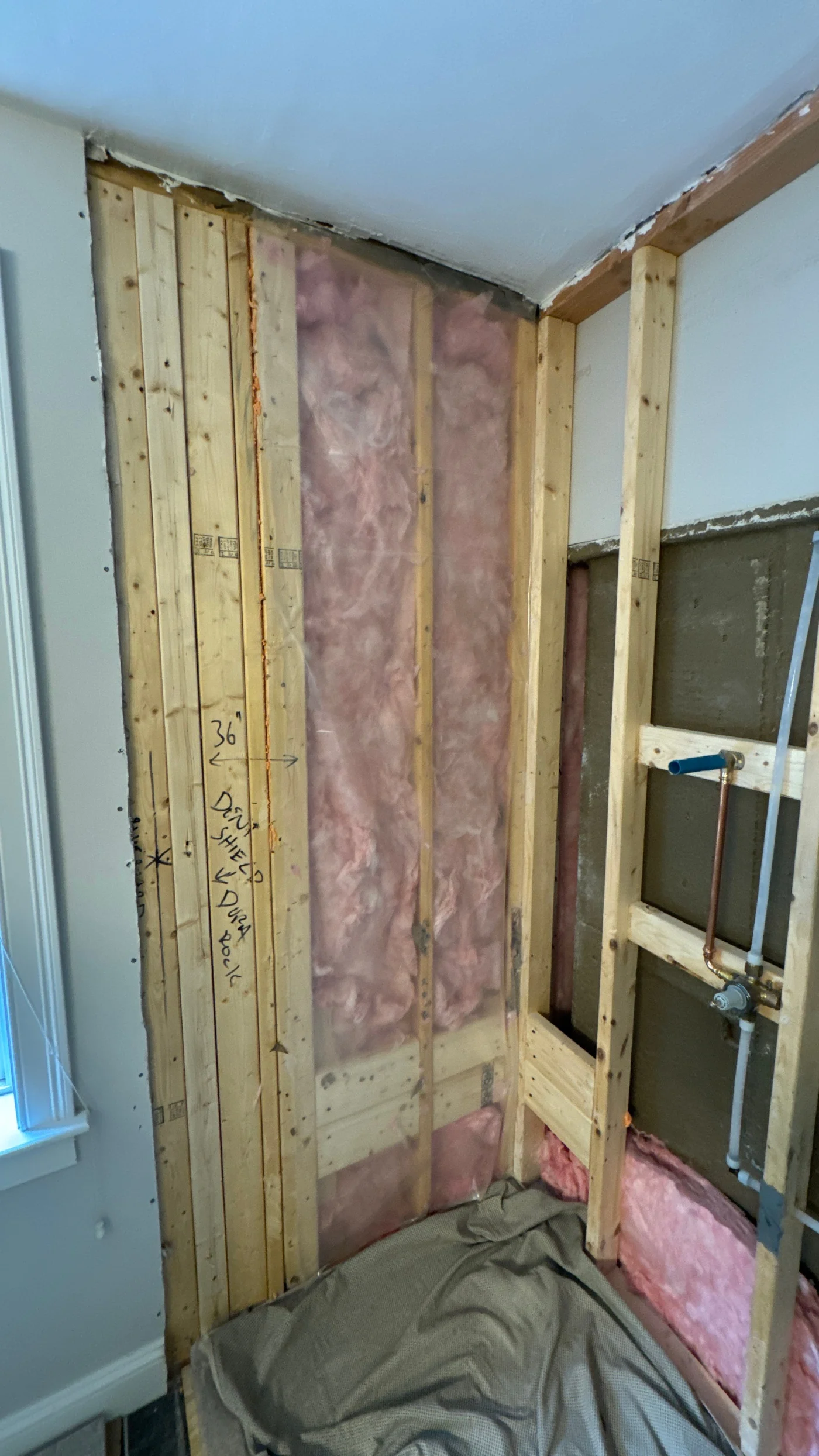 Shower installation preparation during a five-day bath remodel in Merrimac, MA