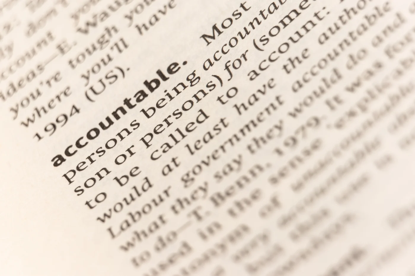 A picture of the word “accountable” in the dictionary.