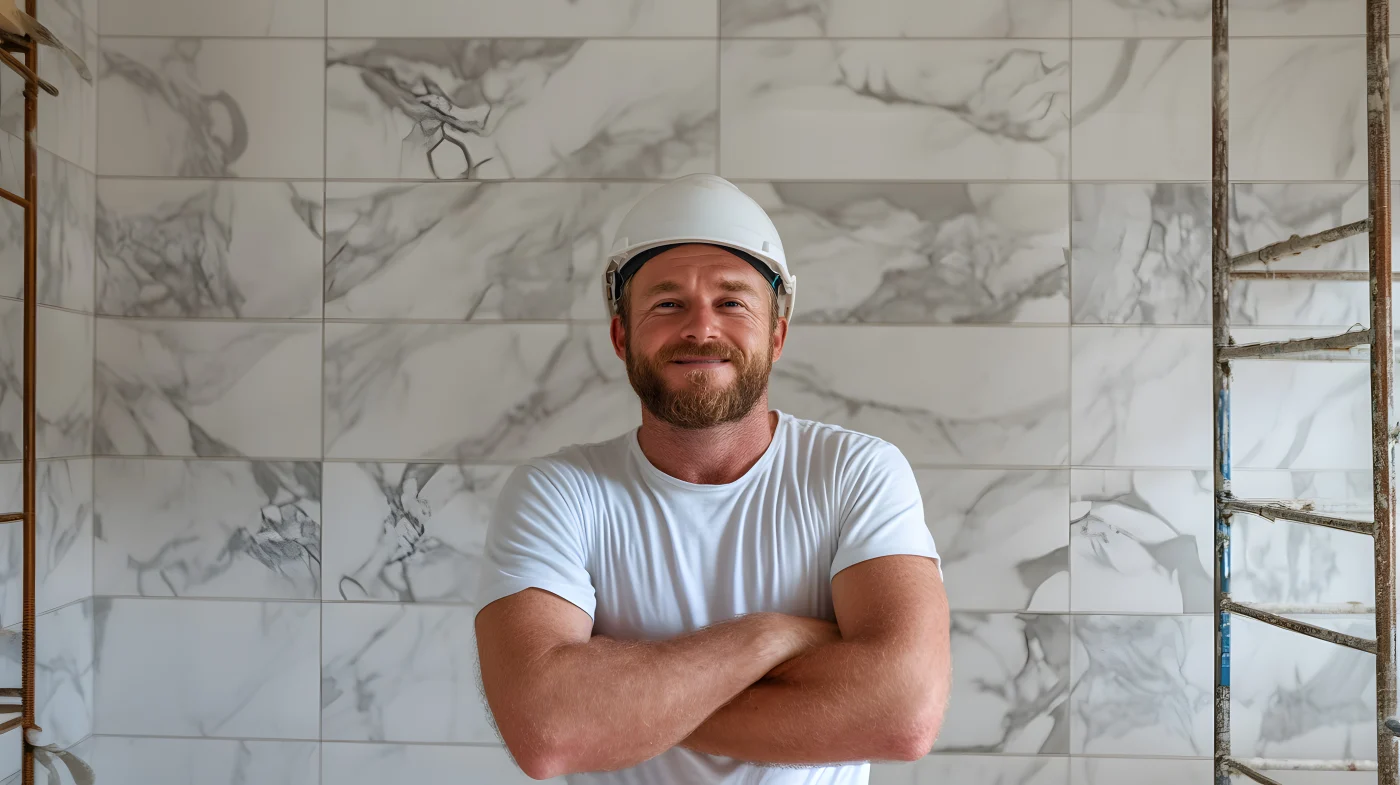 Bay State Bath employee smiles and crosses arms in front of remodel in South Shore Boston