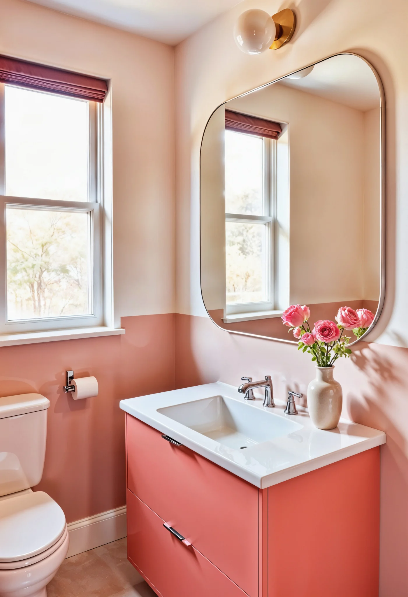 A minimalist bathroom with coral and pink decorations.