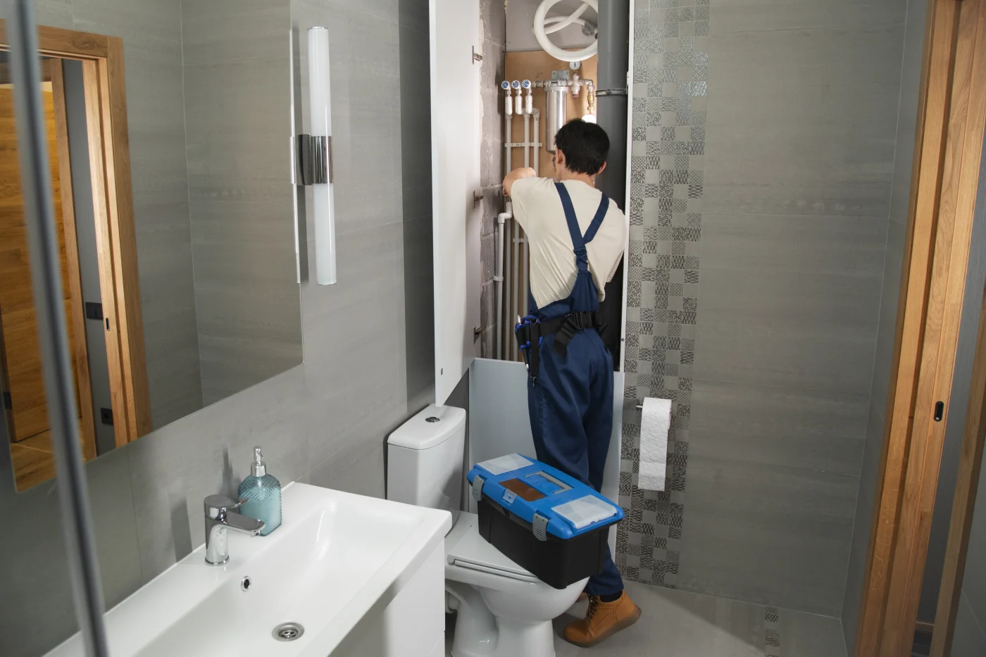 Bathroom remodeler fixing the plumbing in a walk-in shower in Weymouth, MA