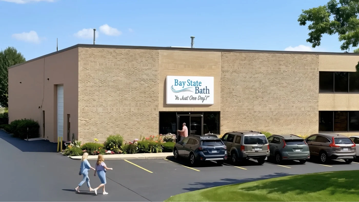 The exterior of this brick commercial building features a prominent sign for Bay State Bath, inviting customers to visit their bathroom remodel showroom.