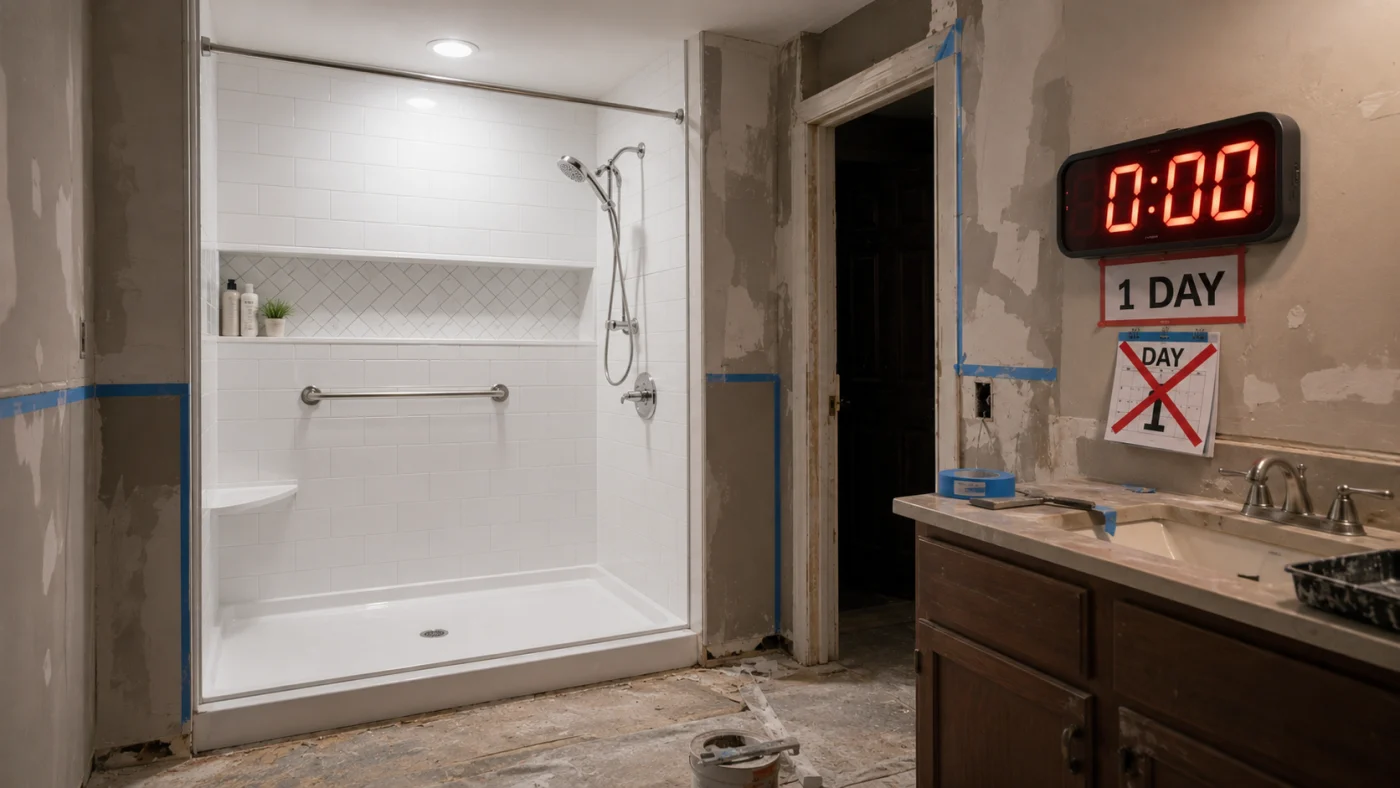 Finished shower beside an unfinished bathroom, with a 0:00 timer showing that the promised one-day remodel is over.