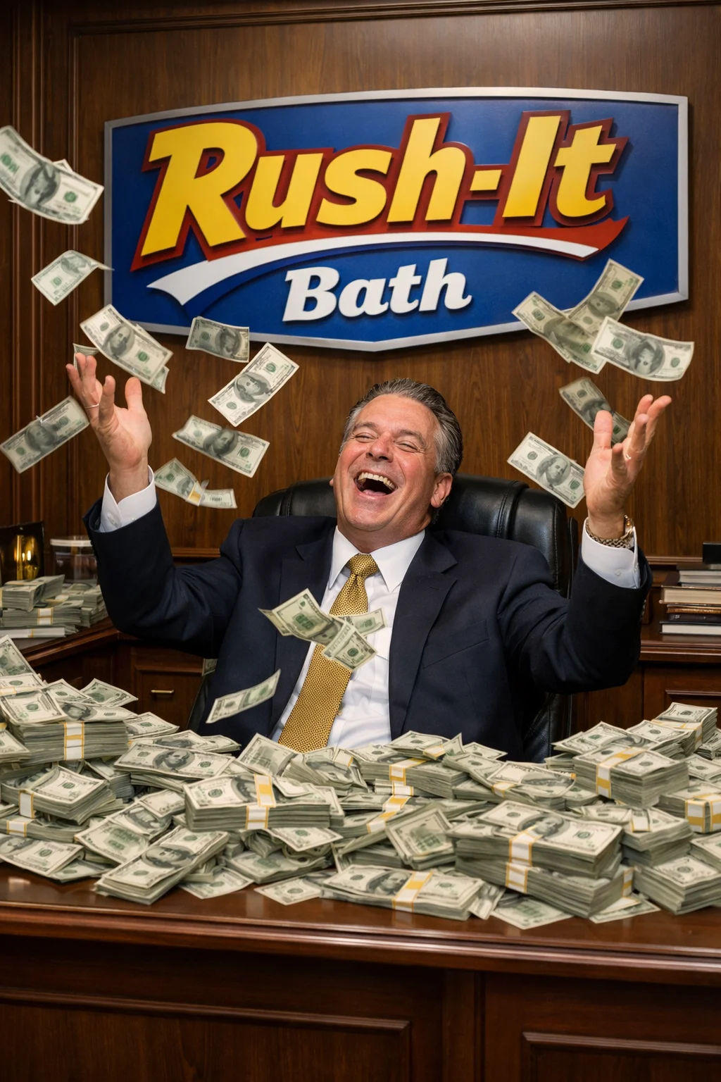 CEO of Rush-It Bath throwing money in the air