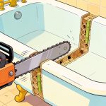 Cartoon illustration of a chainsaw cutting a bathtub in half, revealing that the walls are full of bamboo