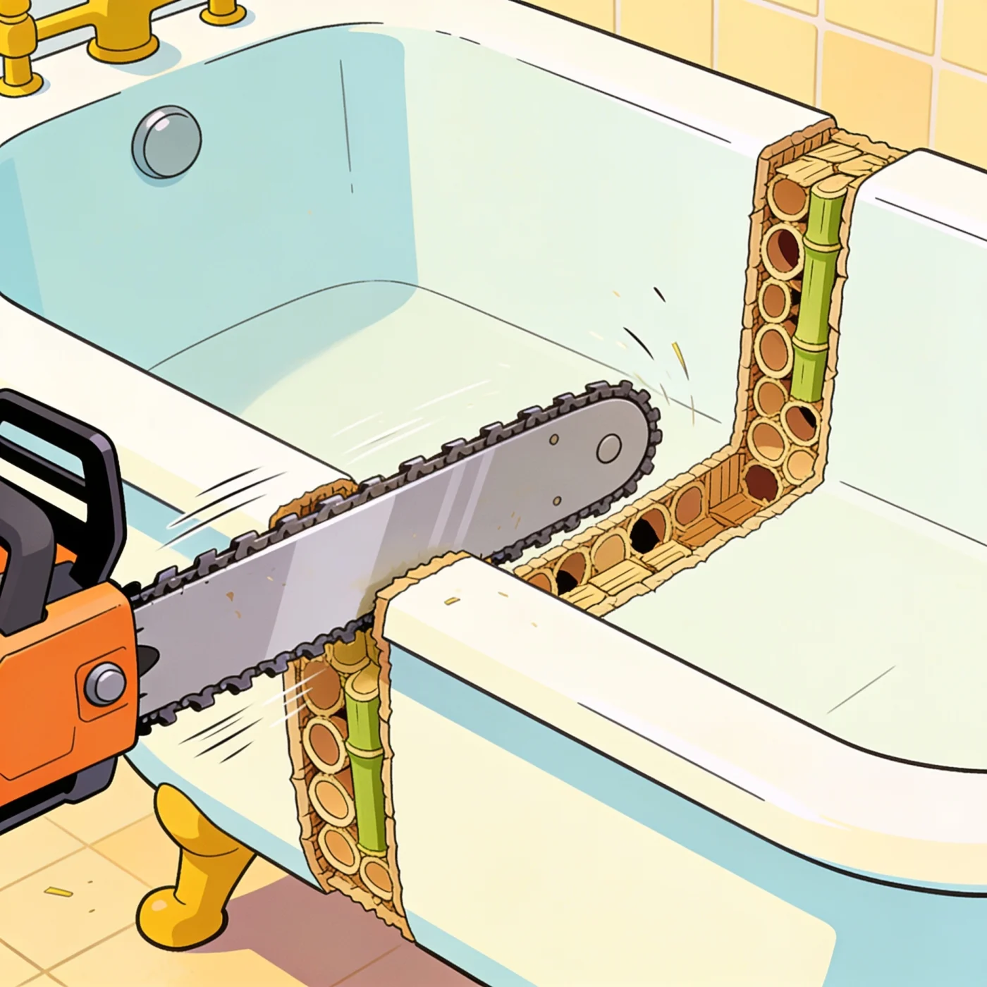 Cartoon illustration of a chainsaw cutting a bathtub in half, revealing that the walls are full of bamboo