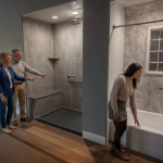 Happy customers stroll through Bay State Bath remodeling showroom in Pembroke, Mass.
