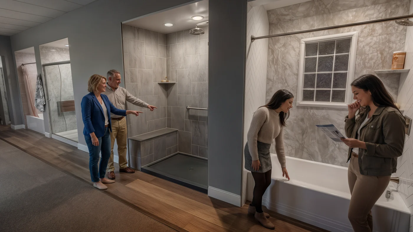 Happy customers stroll through Bay State Bath remodeling showroom in Pembroke, Mass.