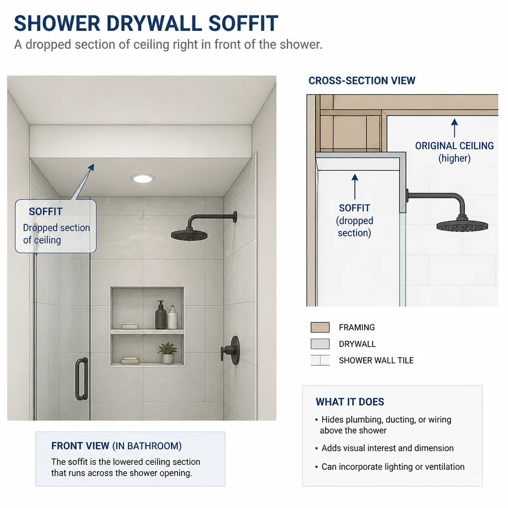 Diagram of a shower soffit, labeling each part
