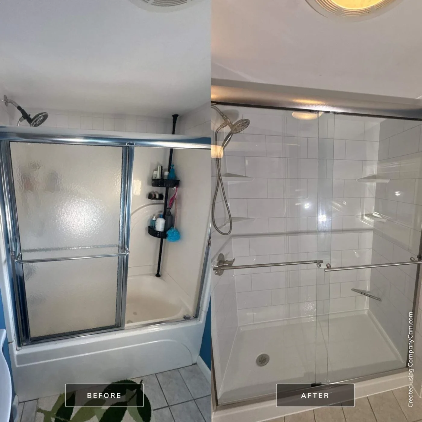 This side-by-side comparison showcases a tub-to-shower conversion that replaces an outdated tub enclosure with a bright, white tile walk-in shower featuring sliding glass doors.