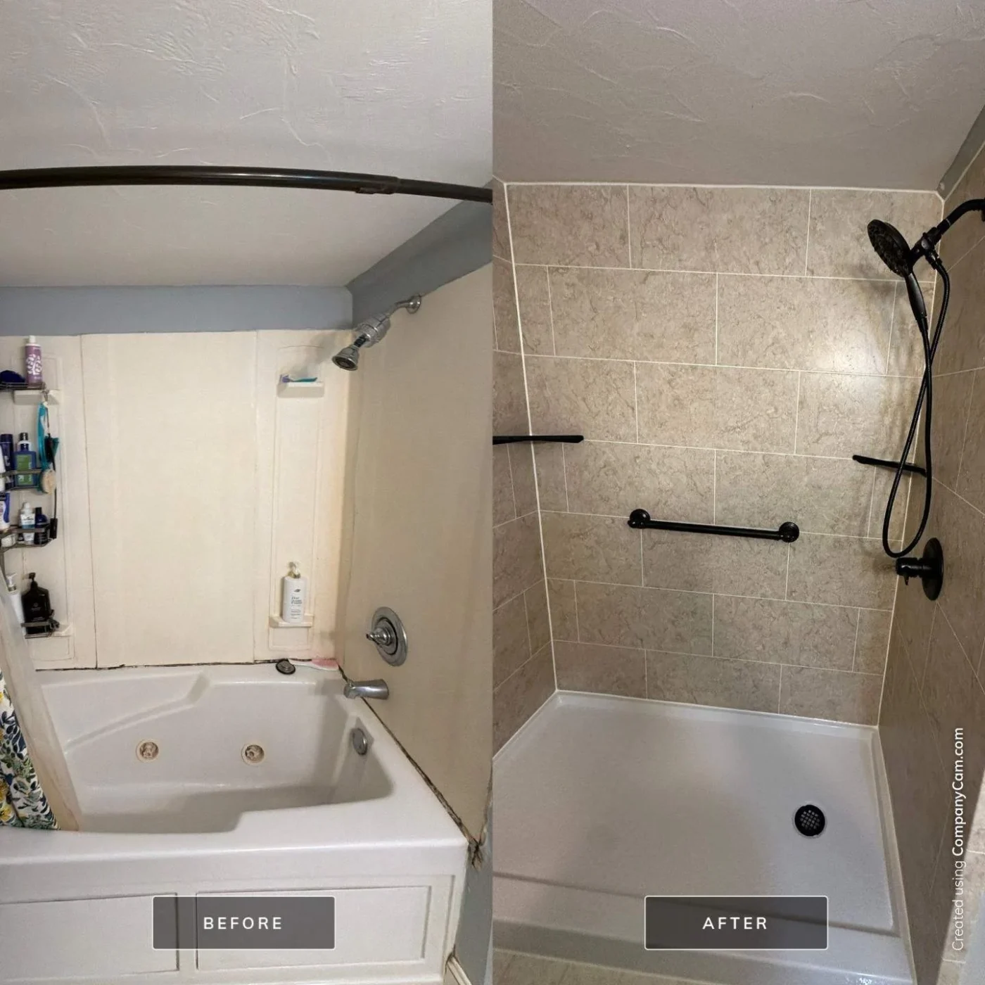 This before-and-after image shows a tub-to-shower conversion that replaces an old jetted bathtub with a modern walk-in shower featuring tan tile walls and dark matte fixtures.