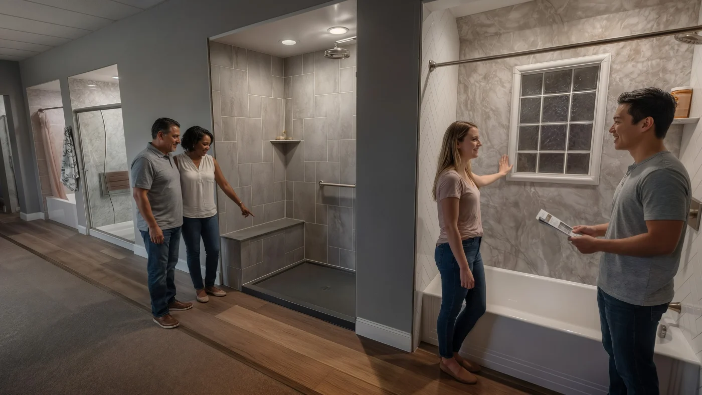Customers explore showroom displays to choose the ideal shower base and wall installation options for their home remodeling project.