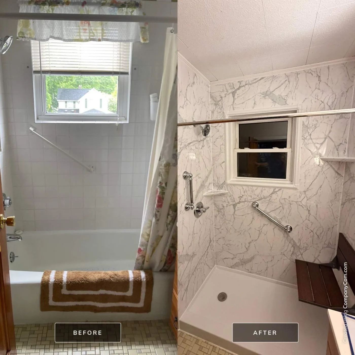 A before-and-after view highlights a complete tub-to-shower conversion, transforming an old bathtub into a modern walk-in shower with marbled wall surrounds and safety grab bars.