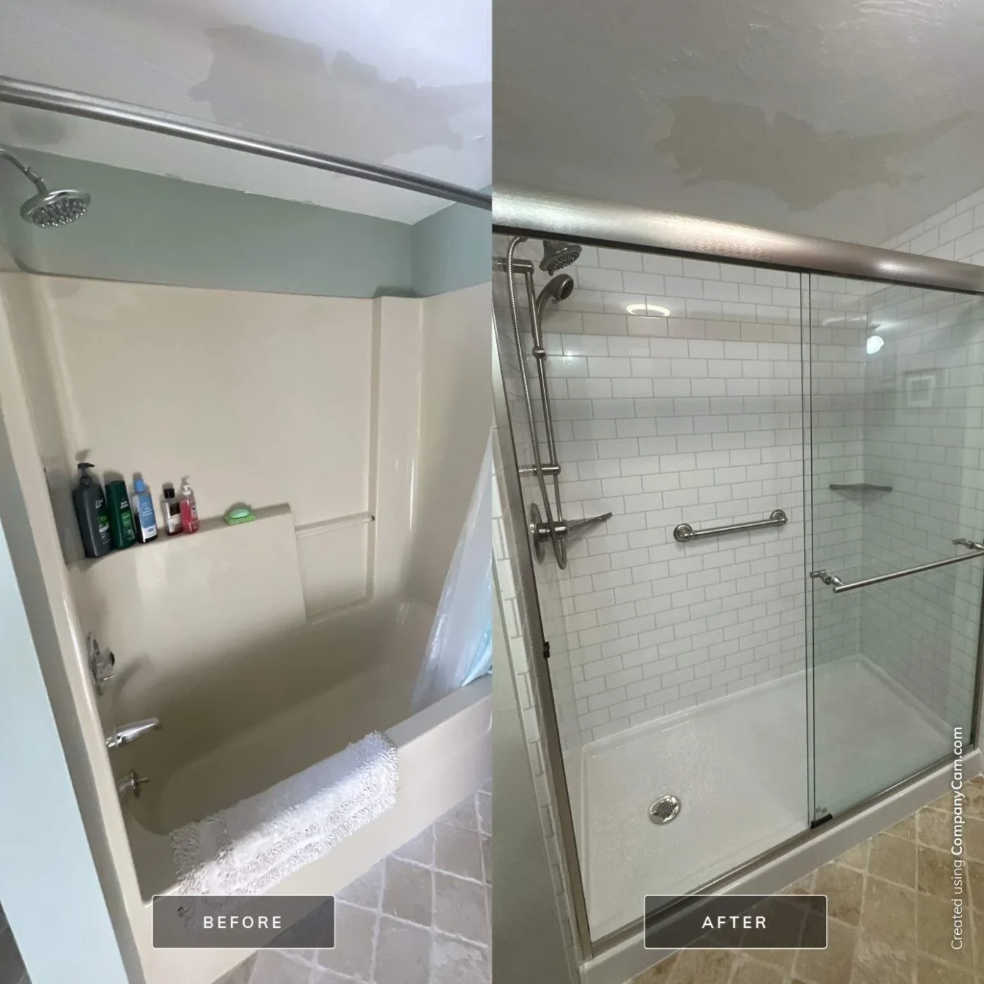A before-and-after image displays a successful tub-to-shower conversion, replacing an outdated bathtub with a spacious glass-enclosed shower featuring white subway tile wall surrounds.